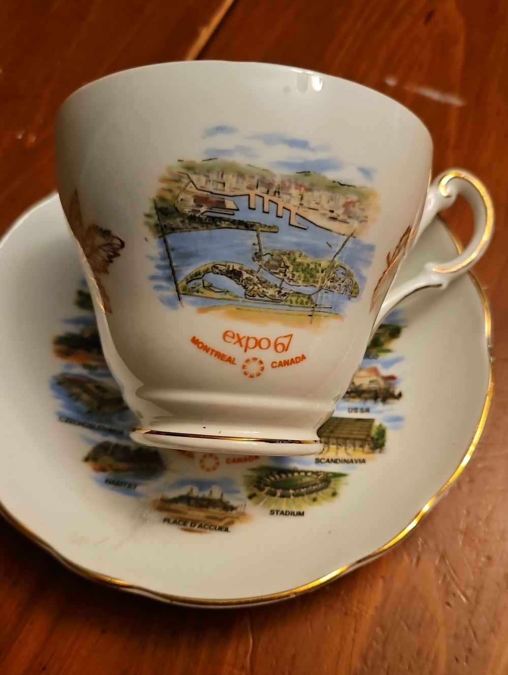 Vintage White Porcelain Mug with Gold Trim and Expo 67 Artwork